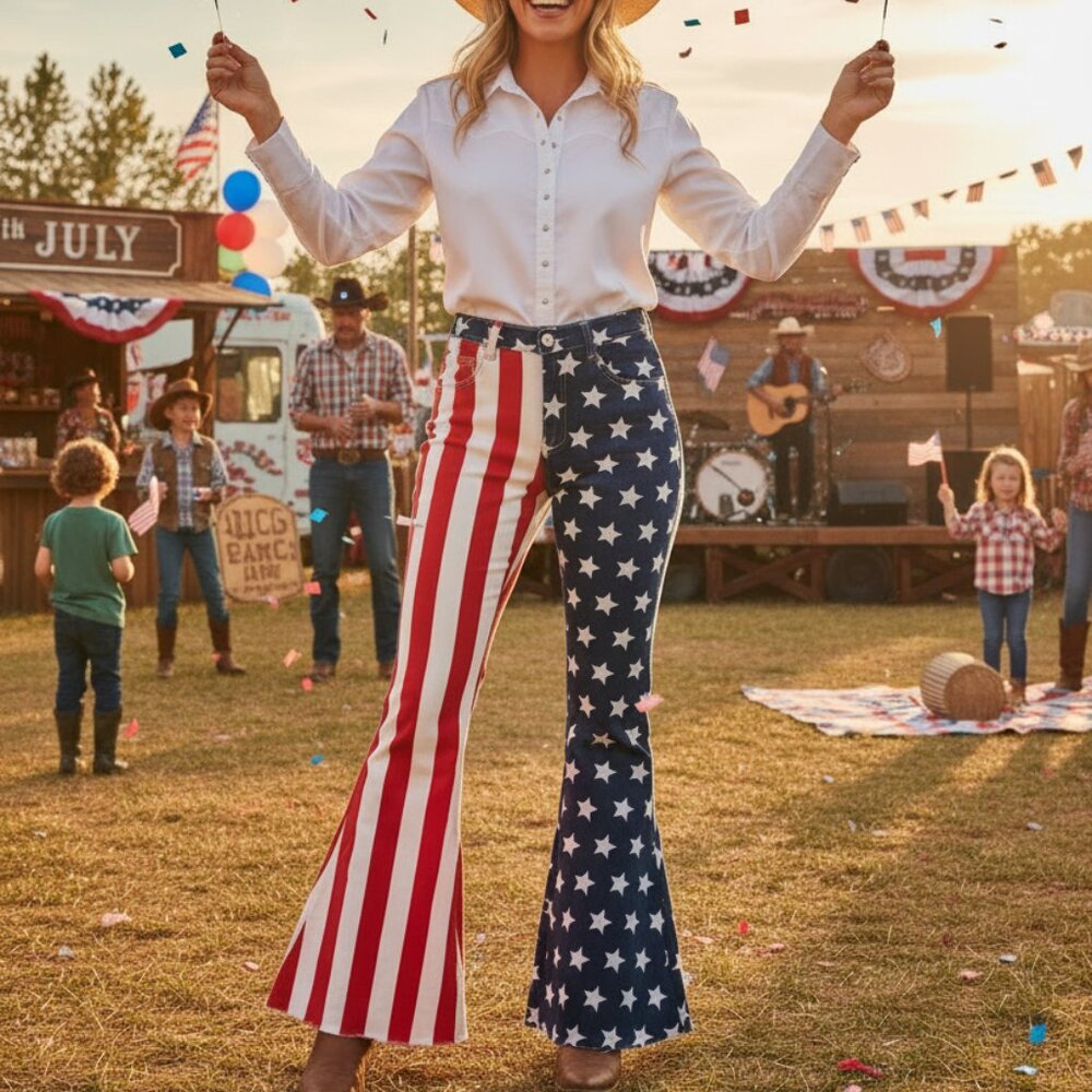 Women’s 4th of July Bell Bottom Jeans American Flag USA Festival Pants